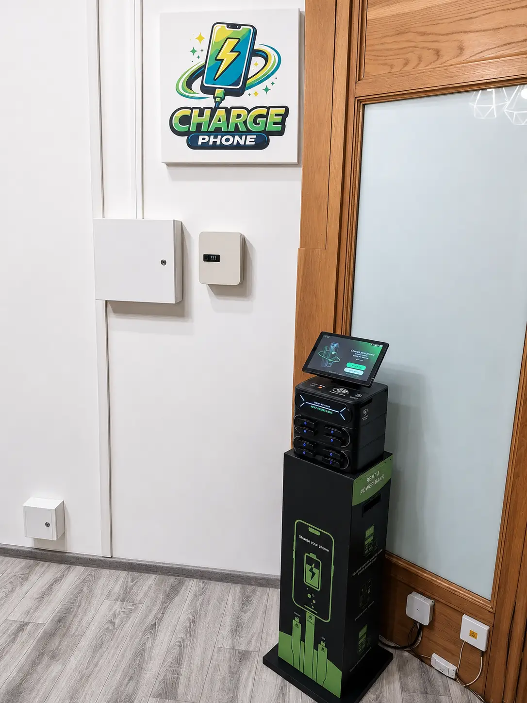 Power bank rental machine inside luggage storage in Kraków