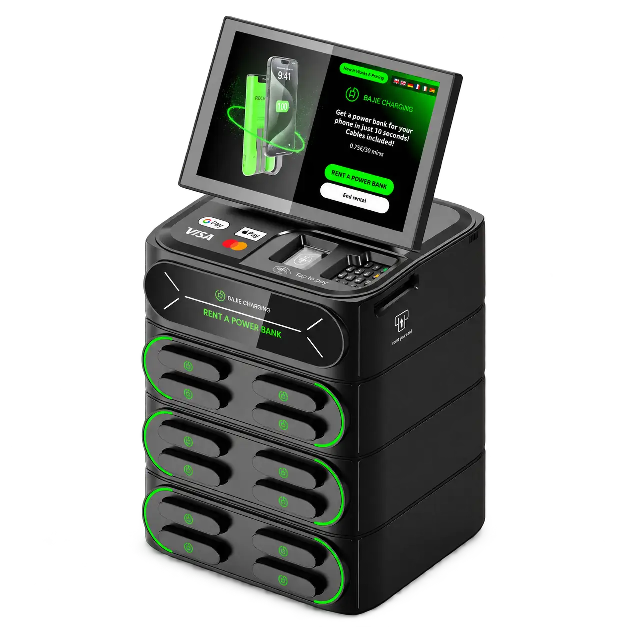 Self-service power bank rental machine with integrated payment terminal