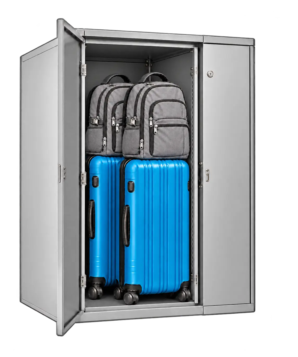 XL locker containing two blue cabin suitcases and two gray backpacks with silver zipper pulls