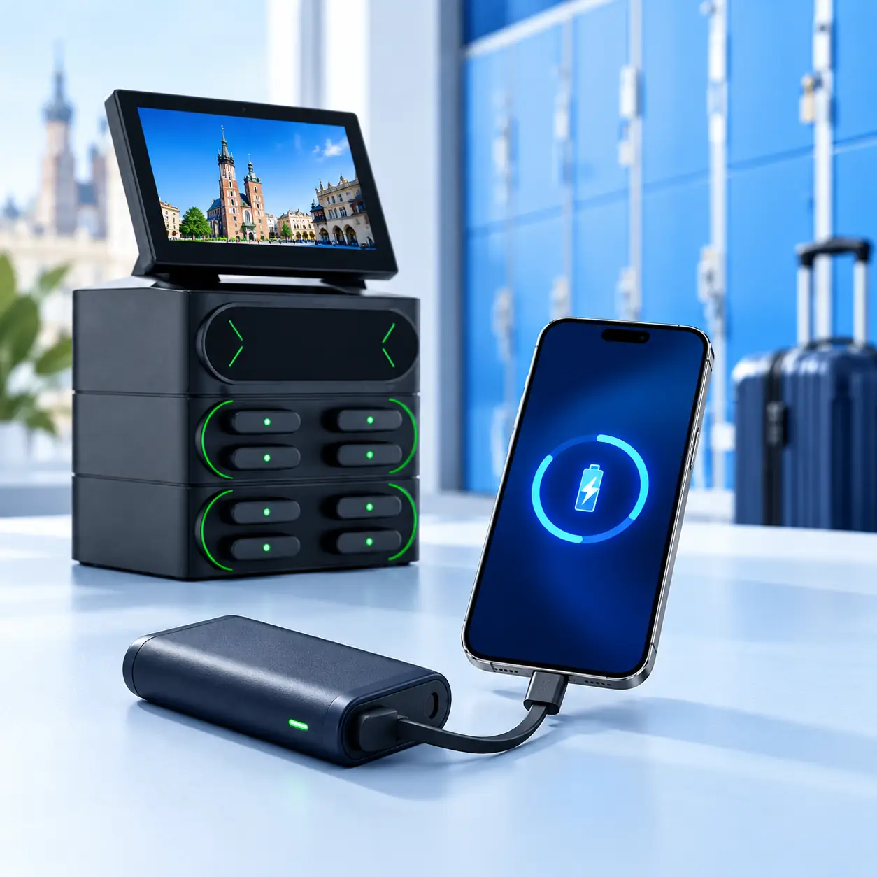 Portable power bank charging a phone beside a rental station and blue luggage lockers